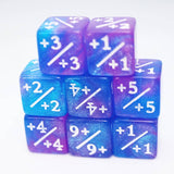 Set of colorful polyhedral dice with numerical values on a white background