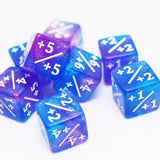 Blue and purple polyhedral dice with mathematical notations on a white background