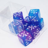 Set of blue and purple polyhedral dice with mathematical symbols in a clear plastic container.
