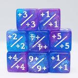 Set of blue and purple dice with mathematical symbols on a light gray background