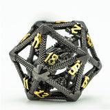 A 20-sided d20 die roll toy made of black braided rope with shiny gold-colored numerals and dark metal connectors, shown on a white background.