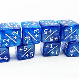 Blue dice with white numbers and symbols on a white background