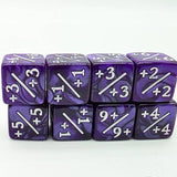 Purple dice with white numbering and symbols on a white background