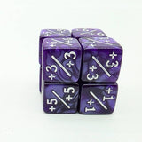 Purple dice with white numbers and symbols on a white background