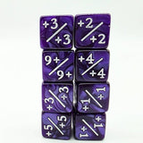 Purple dice set with white numbering on a white background