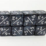 Set of black dice with white numbers and symbols on a white background