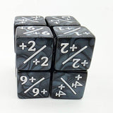 Set of six dice with mathematical symbols on a white background