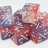 Set of red and blue dice with mathematical symbols on a white background