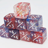 Set of marbled red, blue, and white dice with numerical values on a white background
