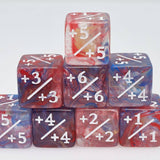 Marbled red and blue dice with mathematical values on a white background