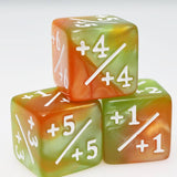 Three dice with mathematical values on a white background