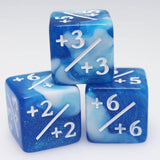 Blue dice with mathematical values on a white background