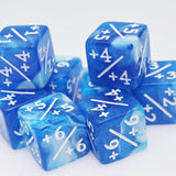 Blue dice with mathematical symbols on a white background