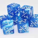 Blue dice with white numbers on a white background
