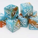 Marbled dice with mathematical symbols on a white background