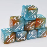 Set of marbled dice with mathematical notation on a white background