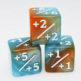 Marbled dice with mathematical symbols on a white background