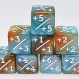 Set of marbled dice with mathematical values on a white background