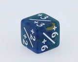 Translucent blue polyhedral dice with mathematical notation on a white background