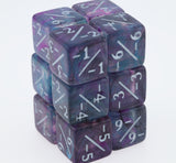 Set of purple and blue dice with white numbers on a light gray background