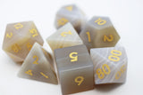 Set of translucent dice with yellow numbers on a white background