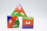 Colorful geometric dice with numbers on a white background