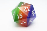 Colorful polyhedral dice with numbers on a white background