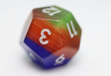 Multicolored die with numbers on a white background