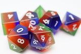 Colorful polyhedral dice on a white background
