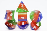 Set of colorful polyhedral dice on a white background