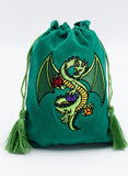 Green drawstring bag with embroidered dragon design on a white background