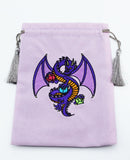 Purple drawstring bag with a embroidered dragon design on a white background