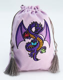Purple drawstring bag with a dragon design on a light gray background