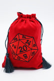 Red drawstring bag with a D20 die design on a white background