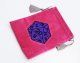 Pink pouch with a purple D20 die design on a white background