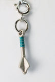 Silver keychain with a turquoise accent on a white background