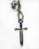 Silver sword-shaped charm with blue accents on a white background
