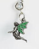 Silver fairy charm with green wings on a white background