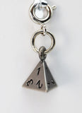 Silver charm with a triangular design and numbers on a white background