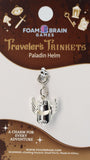 Foam Brain Games Paladin Helm charm on a brown and white card with game icons.