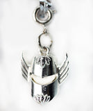 Silver bracelet with a detailed pendant on a white background