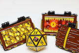 D20 dice with yellow faces and black numbers, surrounded by wooden crates on a white background