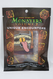 Packaging for 'Lost Tome of Monsters Volume 2' with dice designs and text on a white background