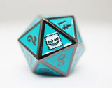 Teal polyhedral dice with a white ghost face on a light gray background