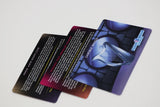 Three trading cards with a blue helmet design on a white background