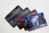 Four cards with text and a harp design on a white background