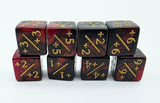 Set of dice with red and black marbled pattern and gold numbering on a white background