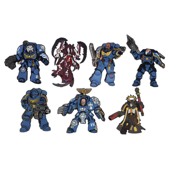 Set of six Warhammer figure pins in blue and black armor on a white background