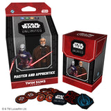 Star Wars Unlimited Master and Apprentice packaging with figures and dice on a white background
