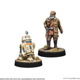 Two miniature figures on stands, one resembling a robot and the other a character in a brown outfit, on a white background.